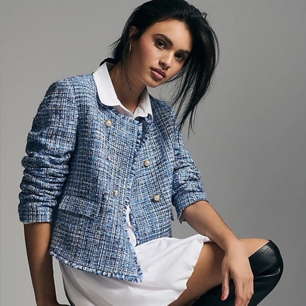 Maeve Anthropologie Double Breasted Tweed Jack in Blue